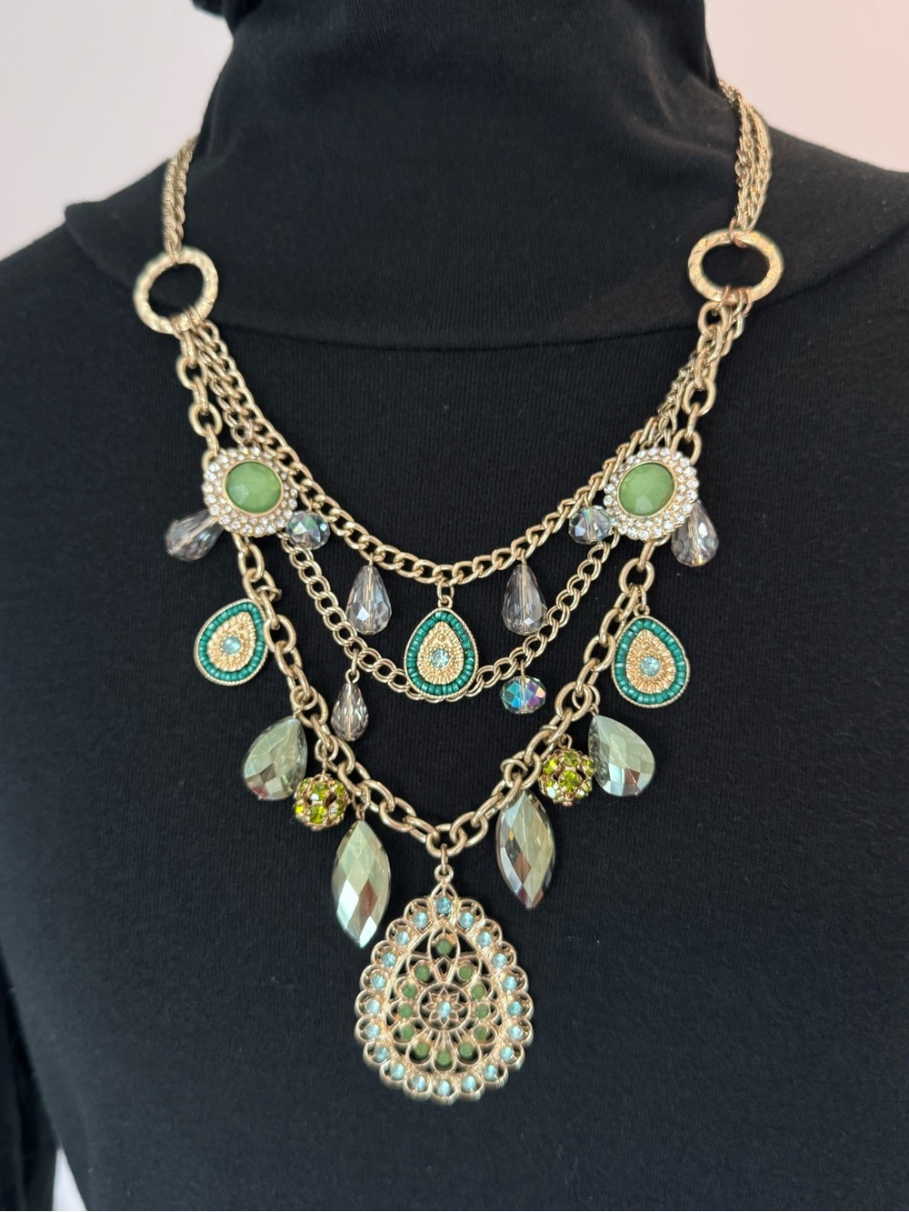 Gold-Tone Layered Teardrop Statement Necklace